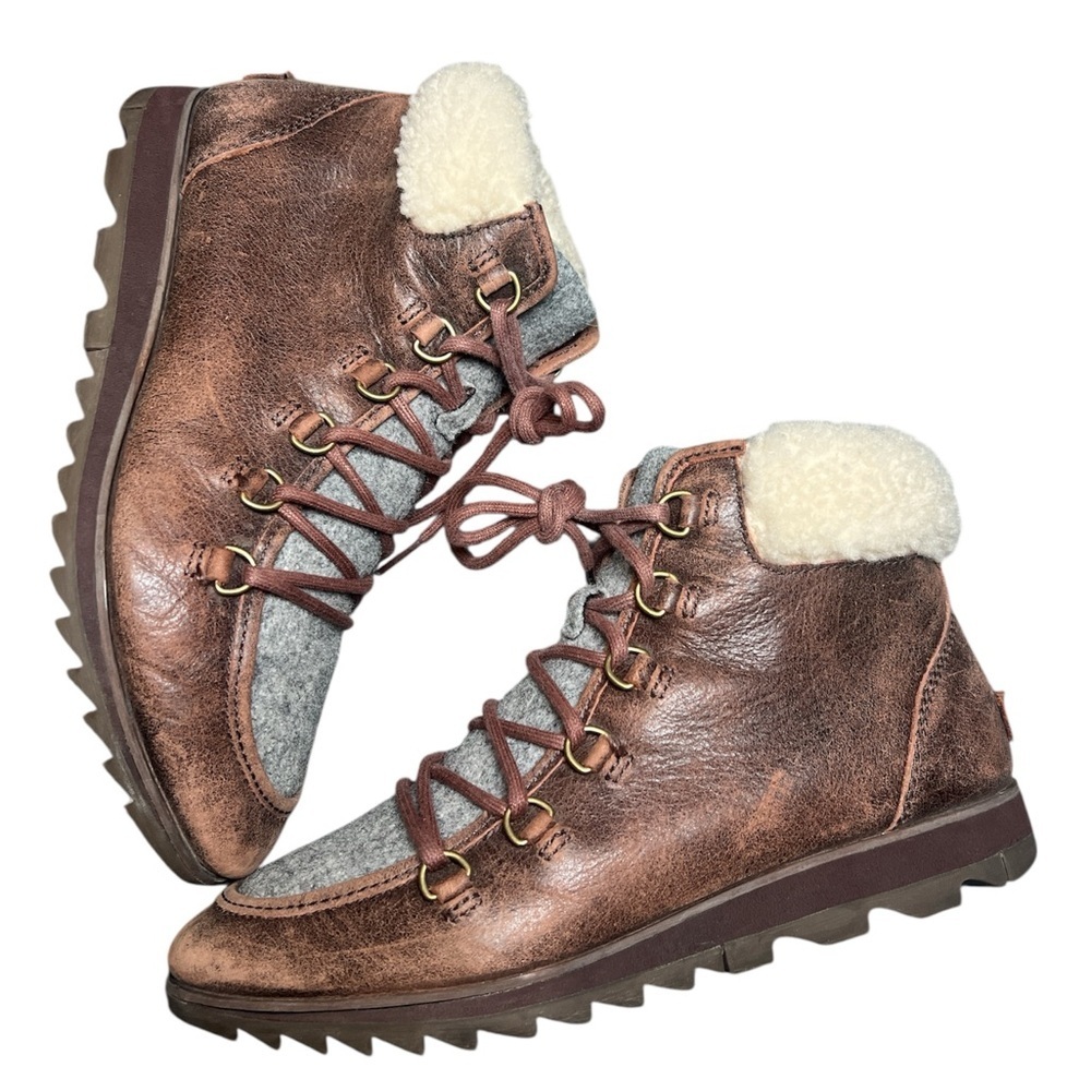 Sorel Harlow Brown leather gray shearling  Waterproof  Boots women’s 9